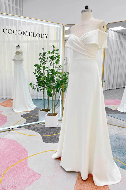 A-Line Sweep-Brush Train Stretch Satin Wedding Dress CW3286