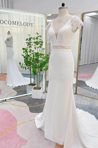 Trumpet-Mermaid Court Train Stretch Satin Wedding Dress CW3288