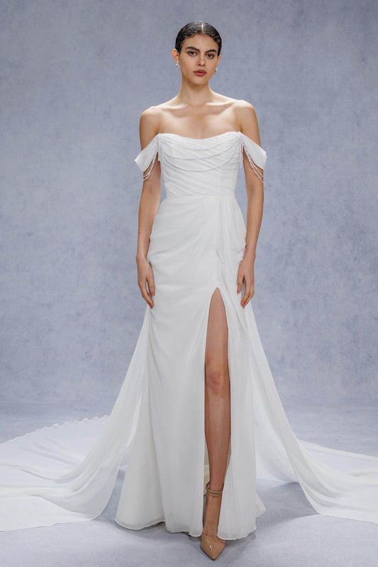 Sheath-Column Chapel Train Chiffon Wedding Dress CW3330