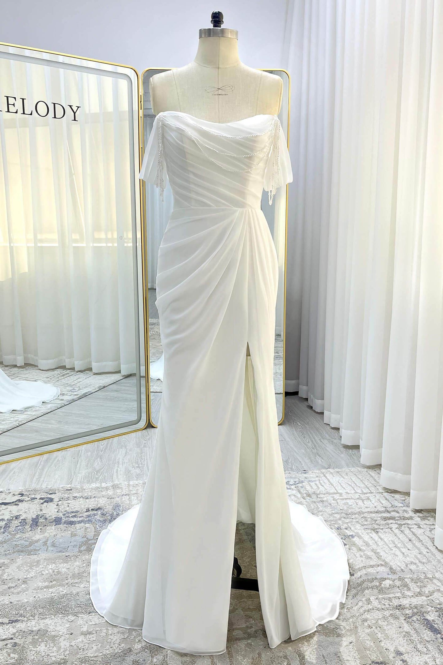 Sheath-Column Chapel Train Chiffon Wedding Dress CW3330