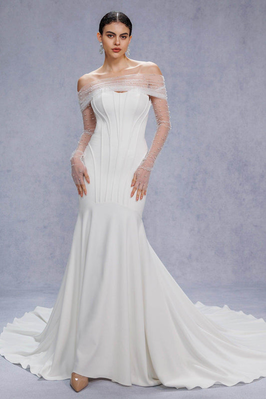 Trumpet-Mermaid Court Train Stretch Satin Wedding Dress CW3332