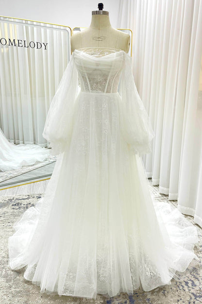 A-Line Court Train Lace Tulle Wedding Dress CW3337