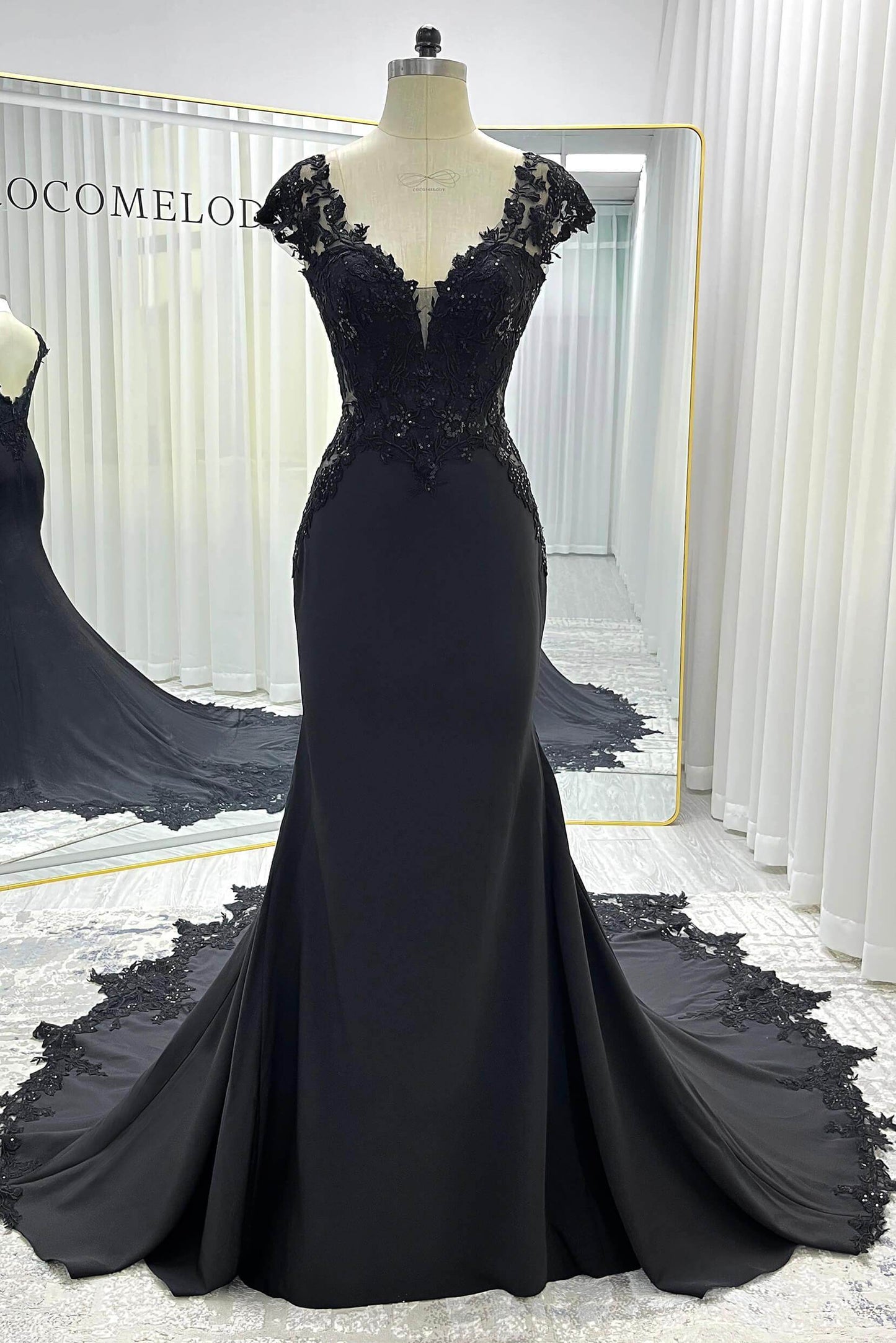Trumpet-Mermaid Chapel Train Stretch Satin Lace Wedding Dress CW3530