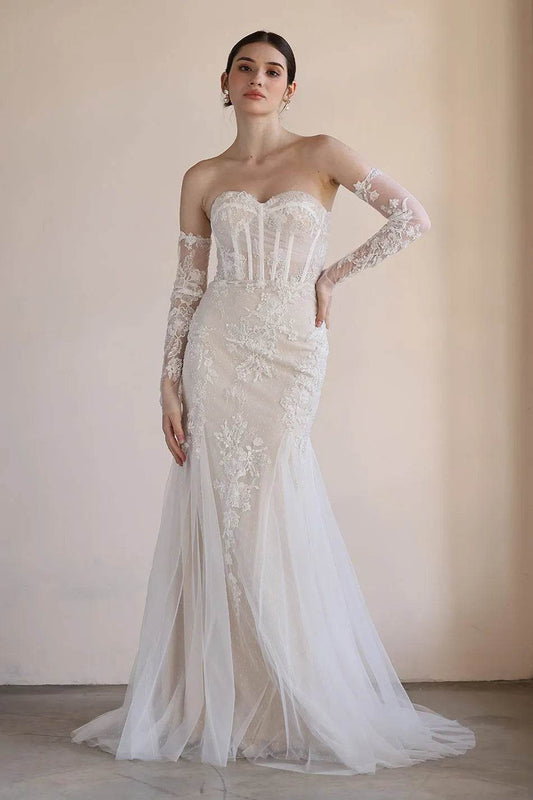 Trumpet-Mermaid Court Train Lace Tulle Wedding Dress CW3544
