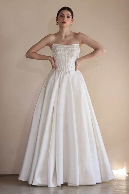A-Line Floor Length Satin Wedding Dress CW3549