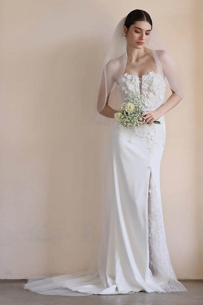 Trumpet-Mermaid Sweep-Brush Train Satin Lace Wedding Dress CW3551