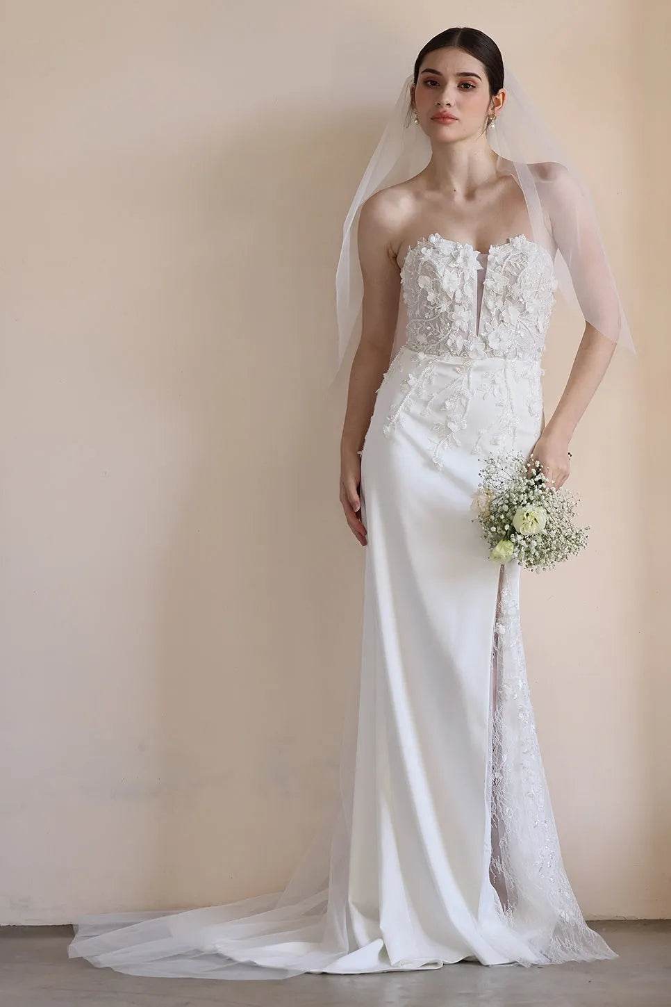 Trumpet-Mermaid Sweep-Brush Train Satin Lace Wedding Dress CW3551