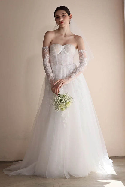 A-Line Sweep-Brush Train Lace Tulle Wedding Dress CW3552