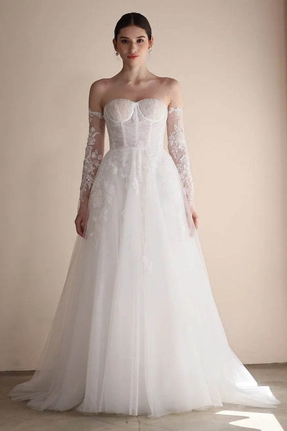 A-Line Sweep-Brush Train Lace Tulle Wedding Dress CW3552