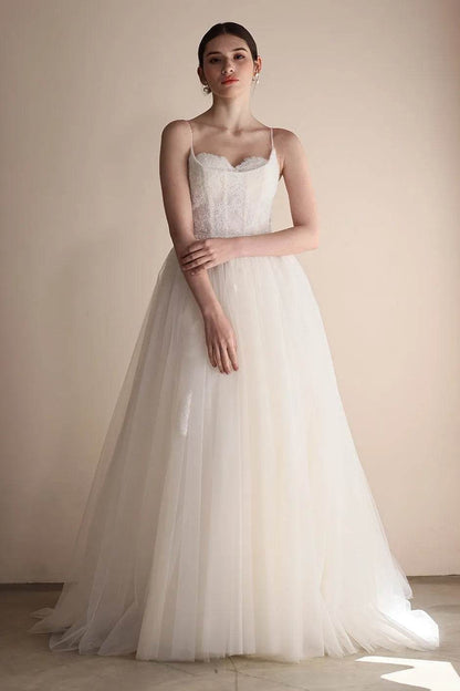 A-Line Sweep-Brush Train Lace Tulle Wedding Dress CW3553