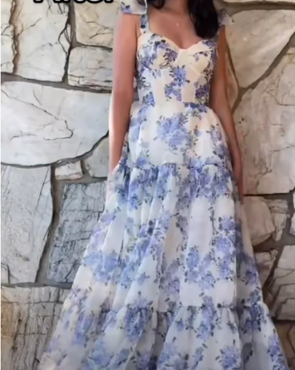 Beautiful Floral Print Chiffon Long Prom Dresses Evening Dress C2120
