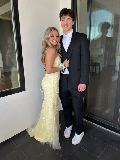 Sexy Yellow Lace/Tulle Long Prom Dresses,Evening Dresses,Winter Formal Dresses cc1372