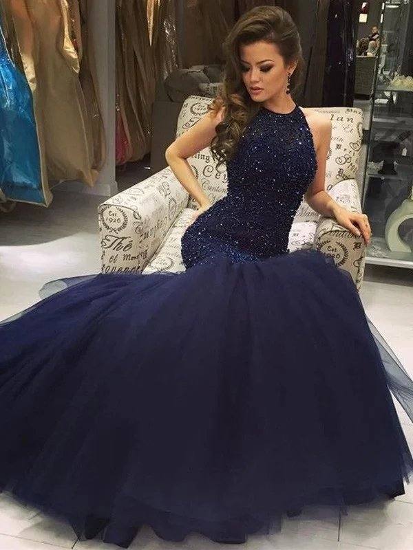 Trumpet/Mermaid Sleeveless Floor-Length Jewel Tulle Beading Dresses - RongMoon