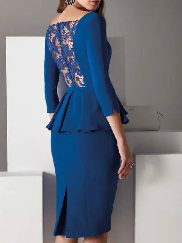 Sheath / Column Mother of the Bride Dress Elegant V Neck Knee Length Lace Satin 3/4 Length Sleeve with Bow(s) Ruffles Split Front - RongMoon