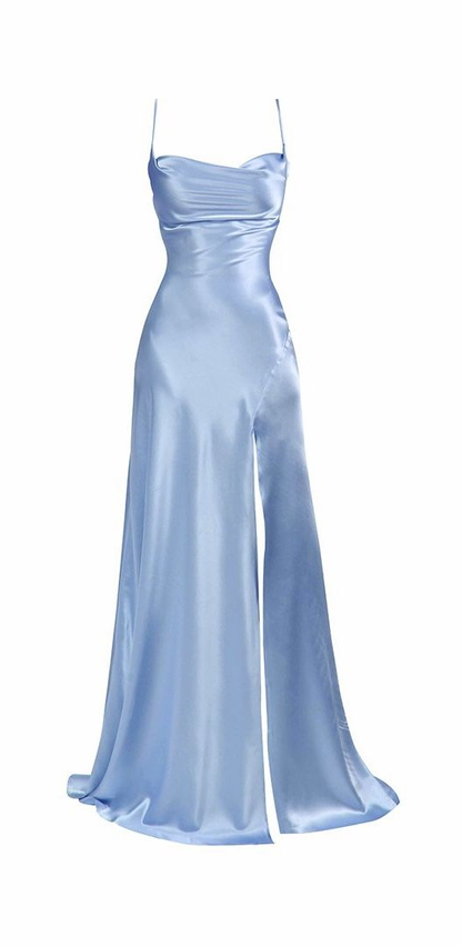 Simple Blue Spaghetti Straps Prom Dress With Split  cc667