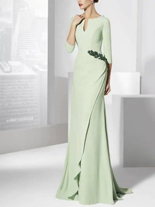Sheath / Column Mother of the Bride Dress Elegant V Neck Sweep / Brush Train Chiffon 3/4 Length Sleeve with Sash / Ribbon - RongMoon