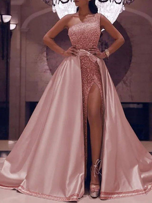 Ball Gown Sparkle Prom Dress One Shoulder Sleeveless Floor Length Satin with Bow(s) Sequin Split - RongMoon