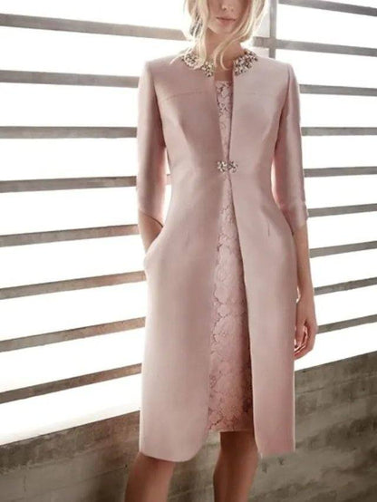 Two Piece Sheath / Column Mother of the Bride Dress Elegant Jewel Neck Knee Length Satin 3/4 Length Sleeve with Beading Appliques - RongMoon