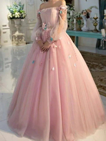 Ball Gown Elegant Floral Quinceanera Prom Dress Off Shoulder Long Sleeve Floor Length Tulle with Pleats Appliques - RongMoon