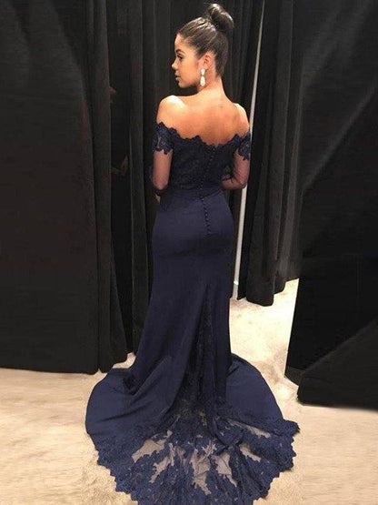 Trumpet/Mermaid Off-the-Shoulder Long Sleeves Sweep/Brush Train Lace Stretch Crepe Dresses - RongMoon