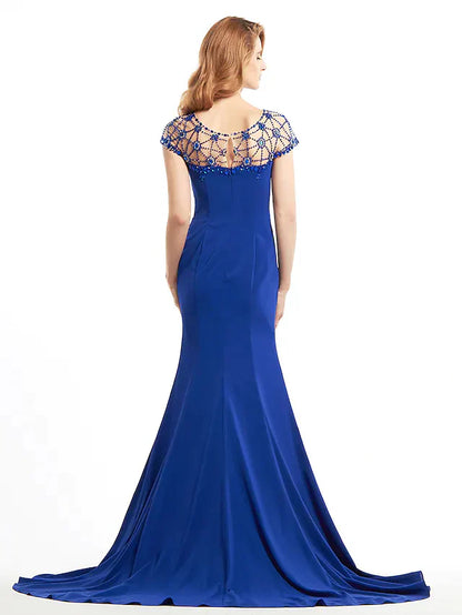 Mother of the Bride Dress Elegant Bateau Neck Jersey Short Sleeve with Beading