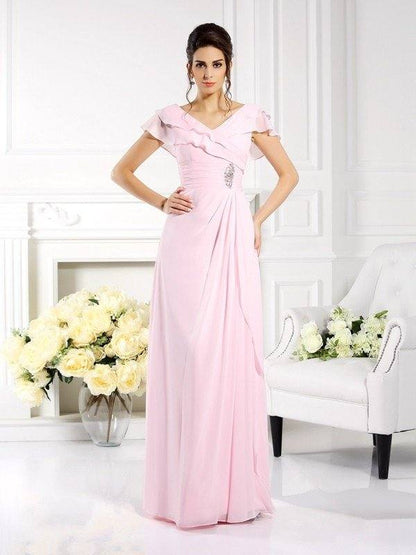 A-Line/Princess V-neck Ruffles Short Sleeves Long Chiffon Mother of the Bride Dresses - RongMoon