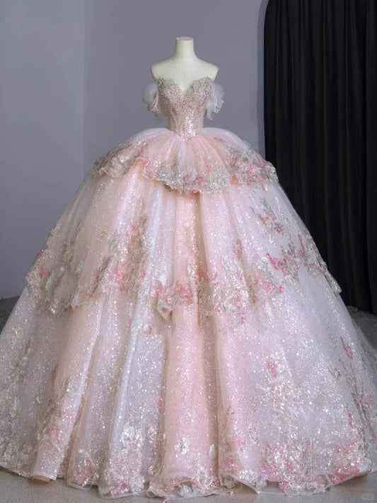 Pink Beaded Long Tulle Ball Gown Evening Dress gh4830