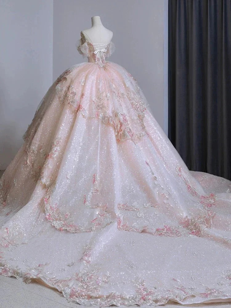 Pink Beaded Long Tulle Ball Gown Evening Dress gh4830