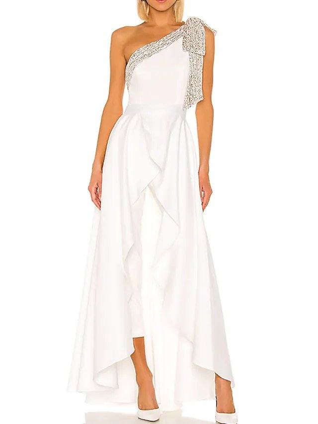 Jumpsuits Minimalist Elegant Engagement Prom Valentine's Day Dress One Shoulder Sleeveless Floor Length Stretch Satin with Pleats Ruffles - RongMoon