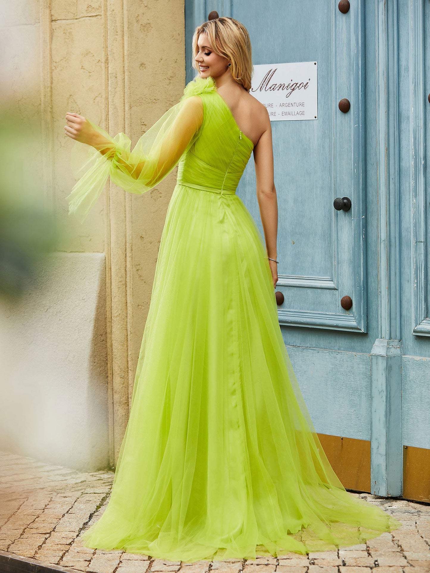 Layered Flower One Shoulder A Line Tulle Dress Lime Green