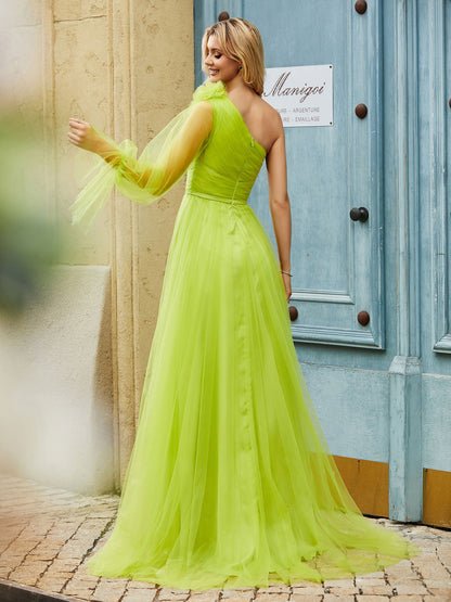 Layered Flower One Shoulder A Line Tulle Dress Lime Green
