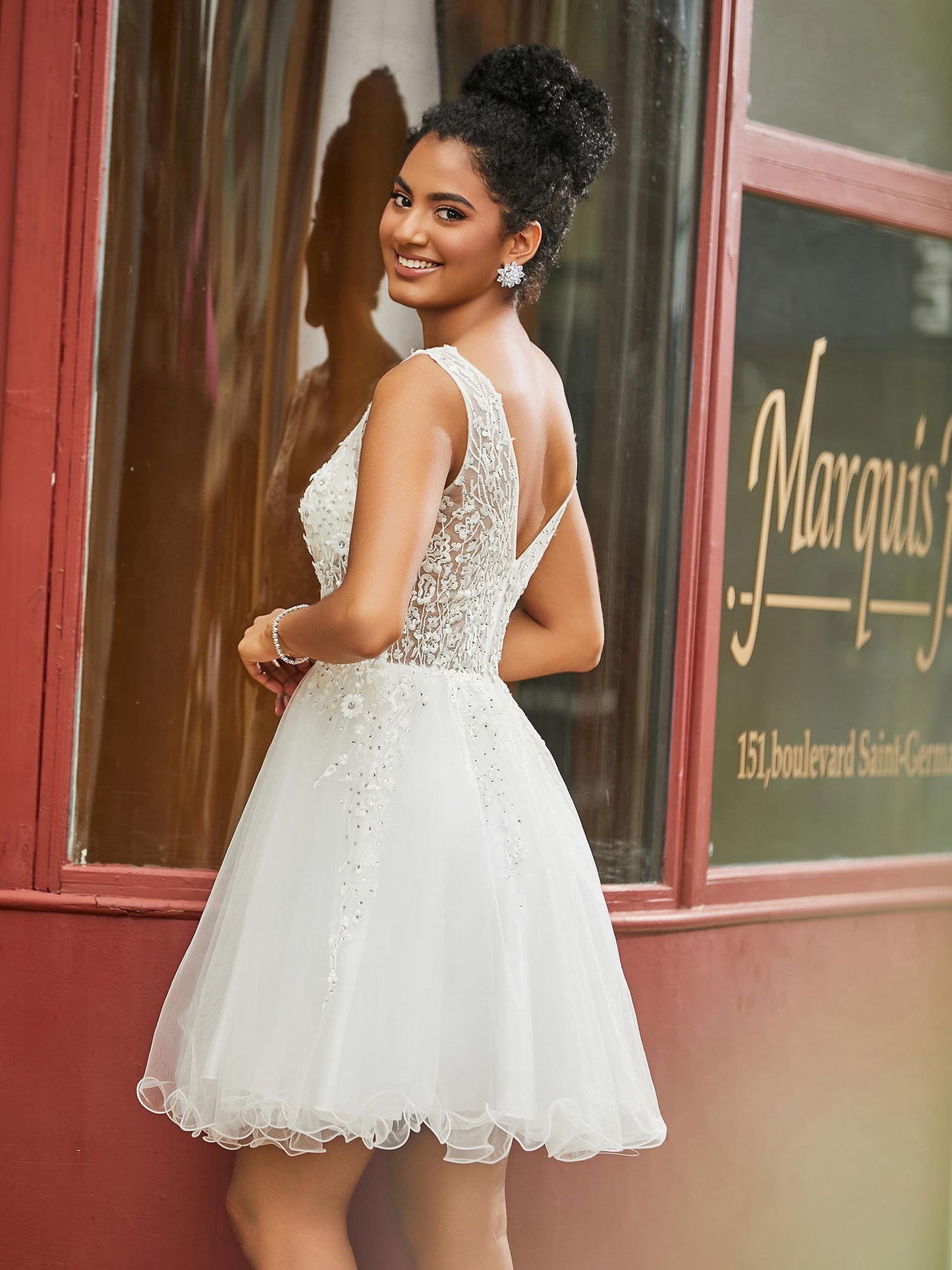 Short Floral Lace Illusion Top Tulle HOCO Dress Ivory