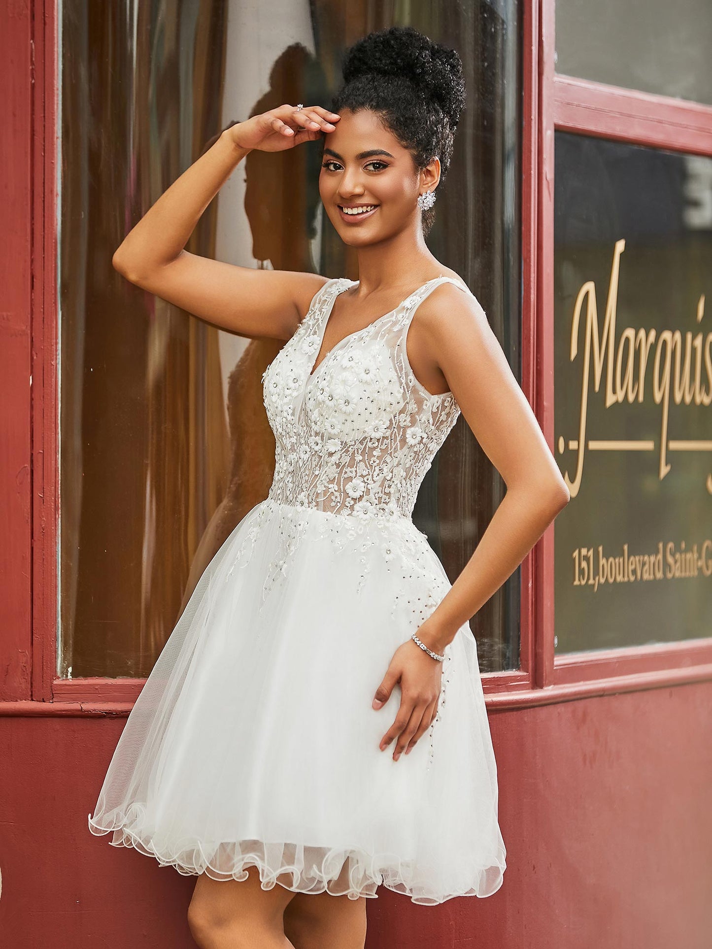 Short Floral Lace Illusion Top Tulle HOCO Dress Ivory