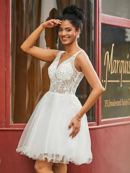 Short Floral Lace Illusion Top Tulle HOCO Dress Ivory