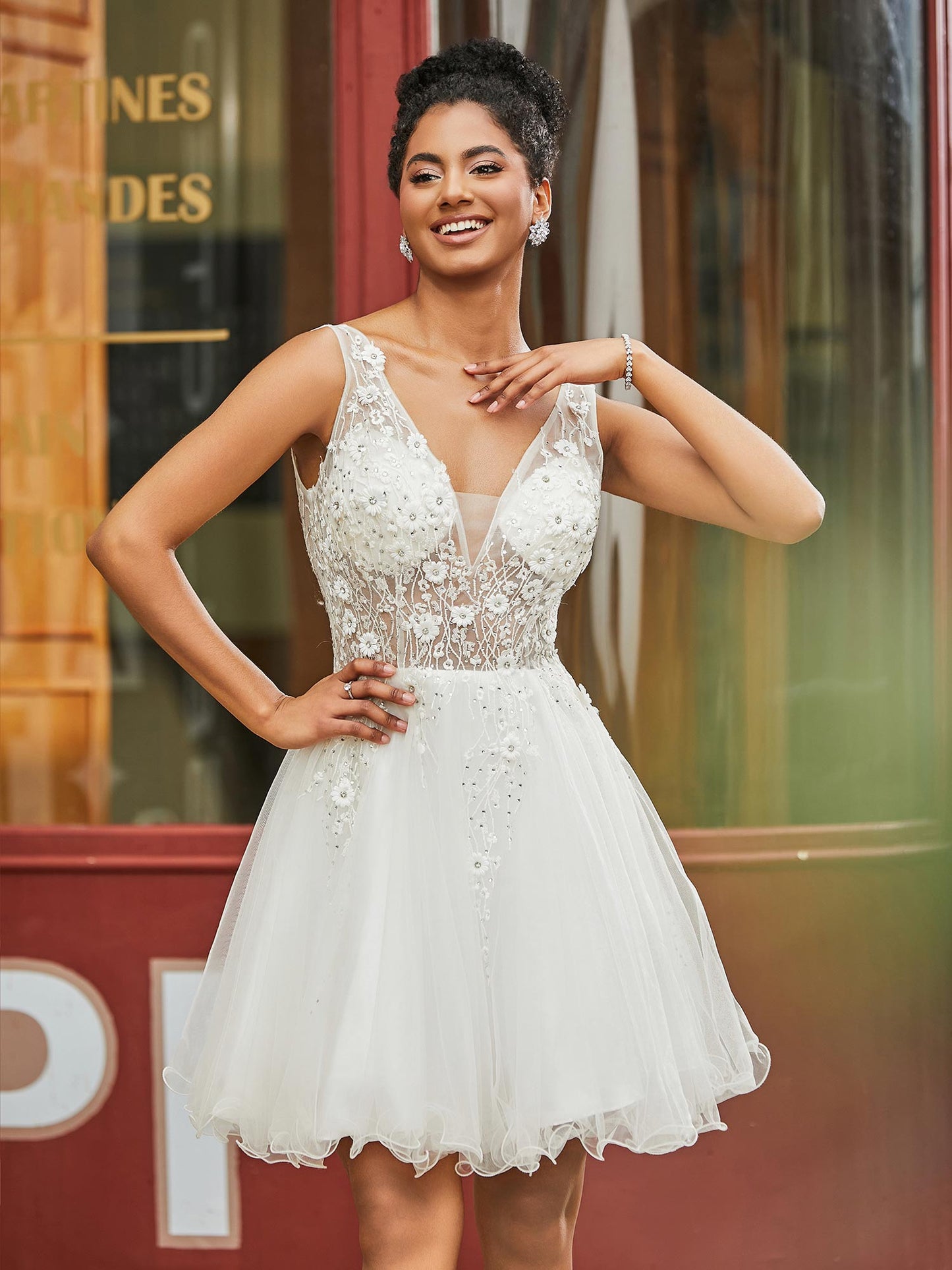 Short Floral Lace Illusion Top Tulle HOCO Dress Ivory