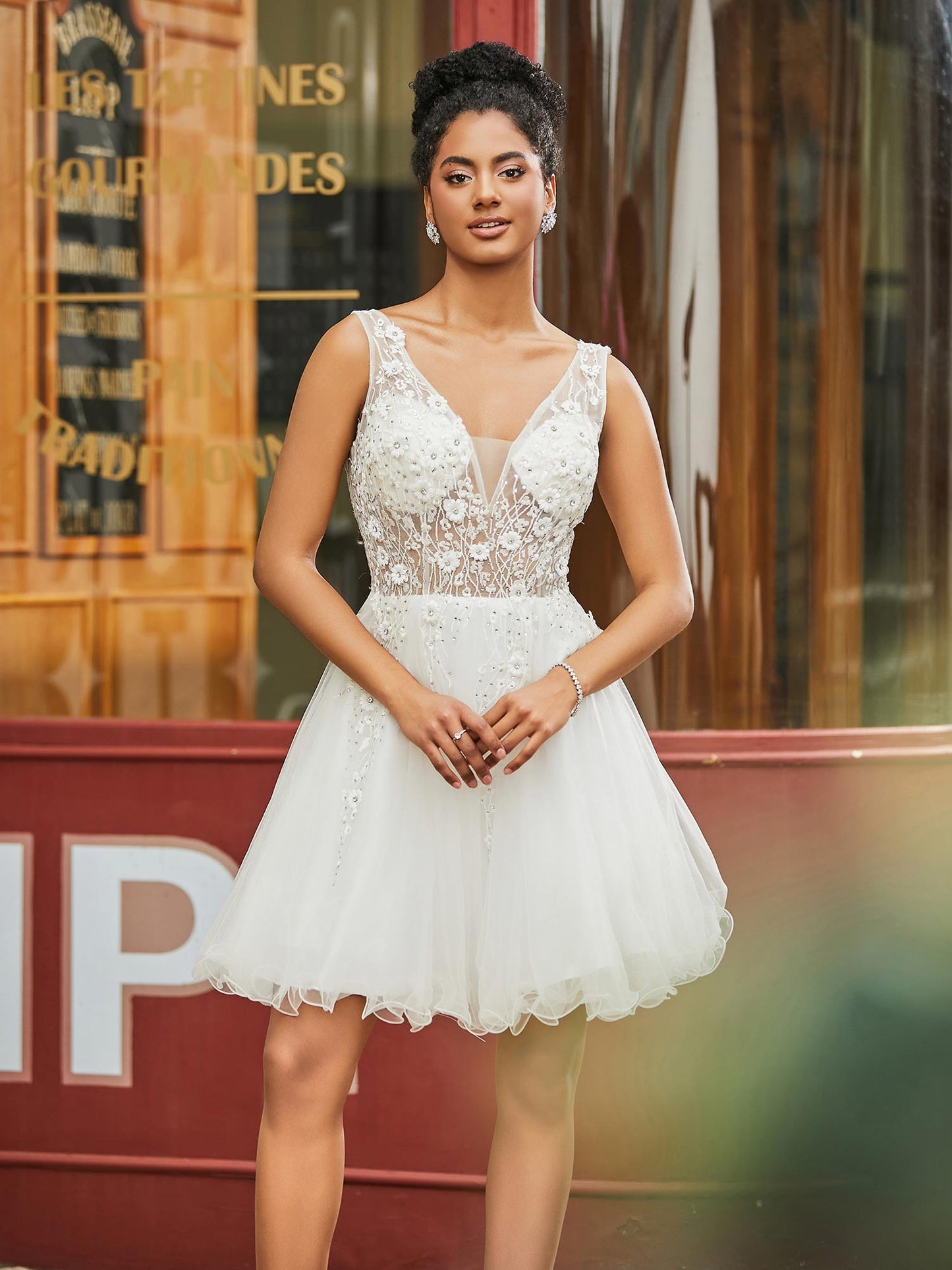 Short Floral Lace Illusion Top Tulle HOCO Dress Ivory