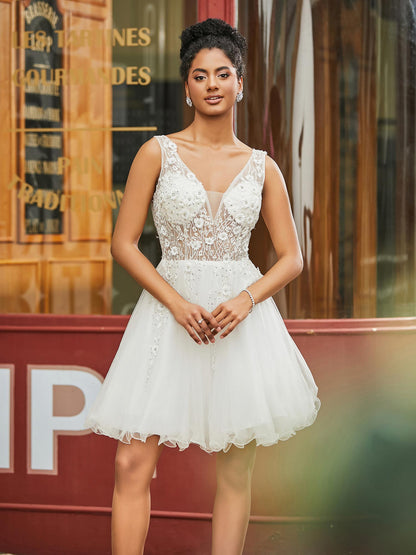 Short Floral Lace Illusion Top Tulle HOCO Dress Ivory