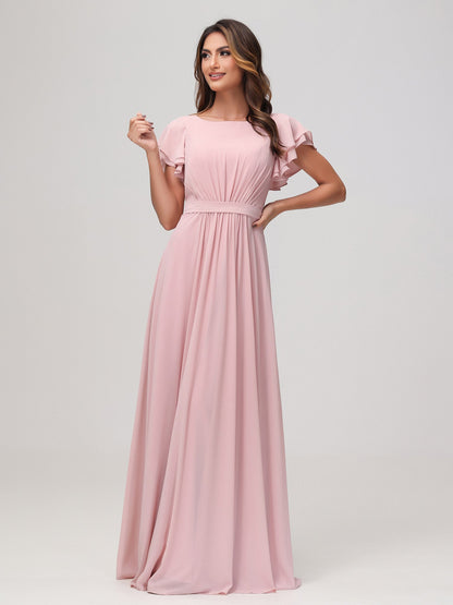 Bateau Neckline Flutter Sleeves Floor-length Dress Dusty Rose