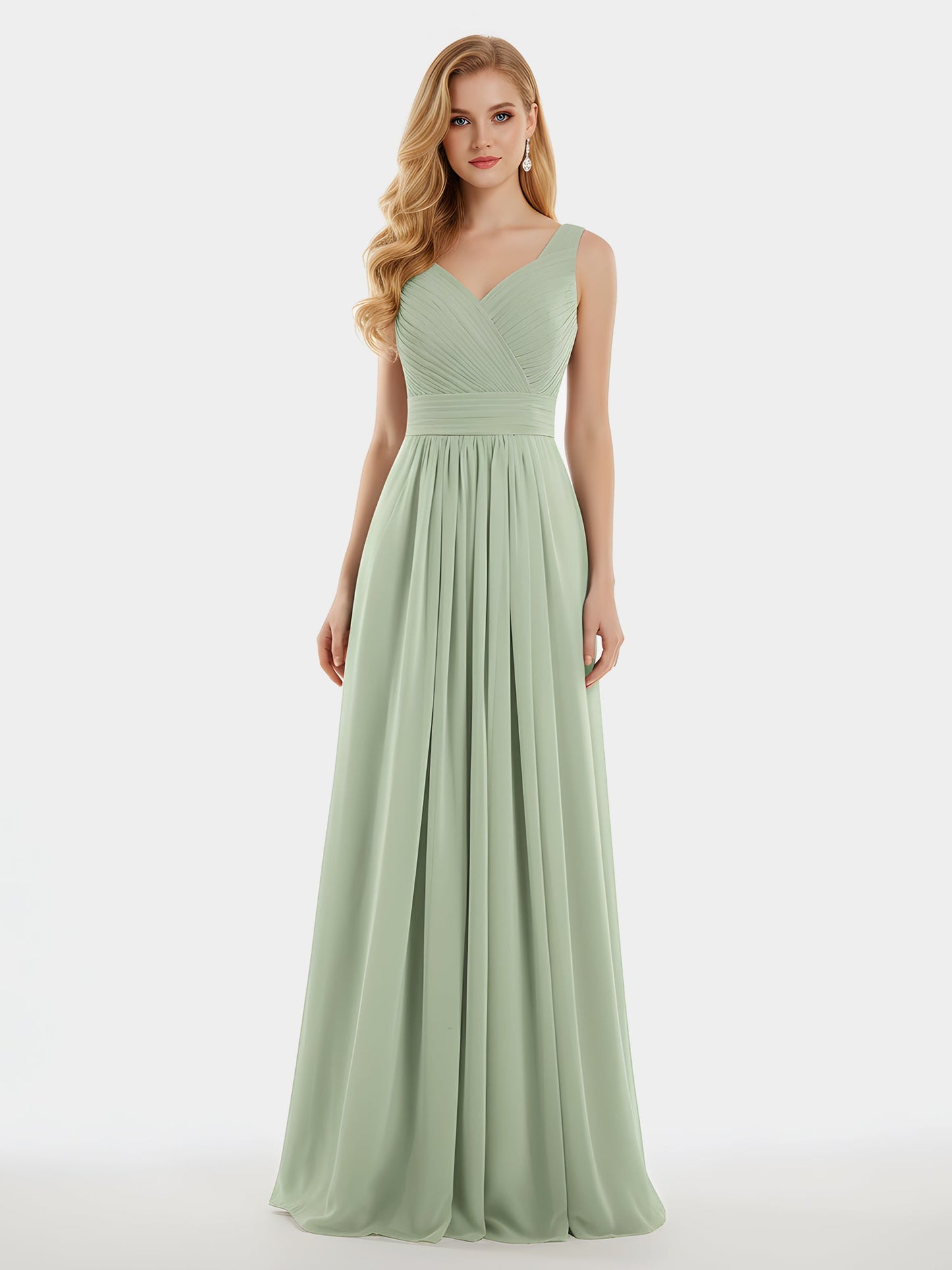 V-neck Full Length Chiffon Dress with Pleated Bodice Dusty Sage