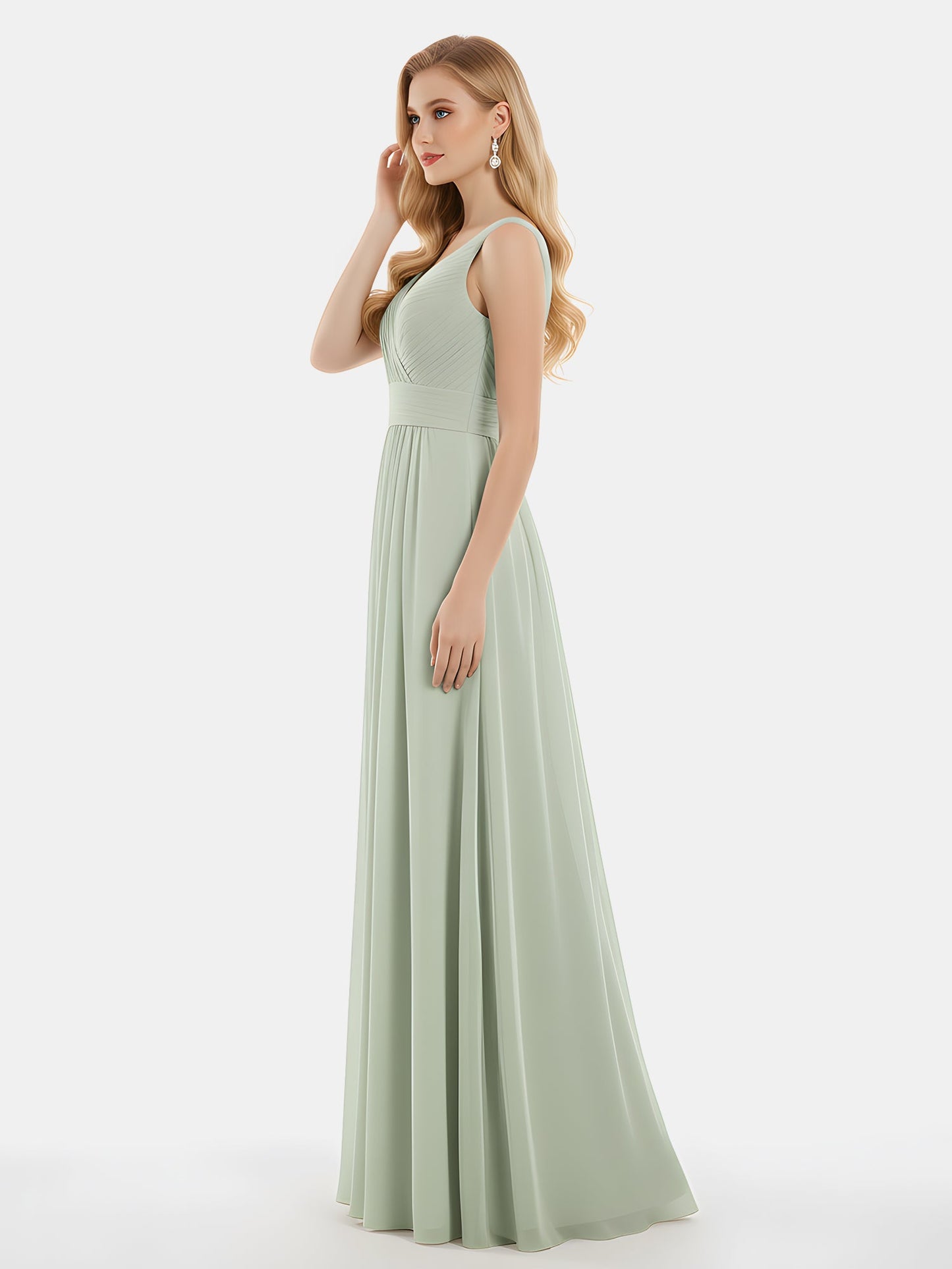 V-neck Full Length Chiffon Dress with Pleated Bodice Dusty Sage