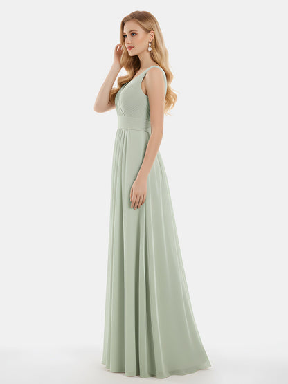 V-neck Full Length Chiffon Dress with Pleated Bodice Dusty Sage