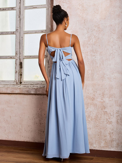 Criss-Cross Back Spaghetti Straps V-neck A-line Slit Dress Dusty Blue