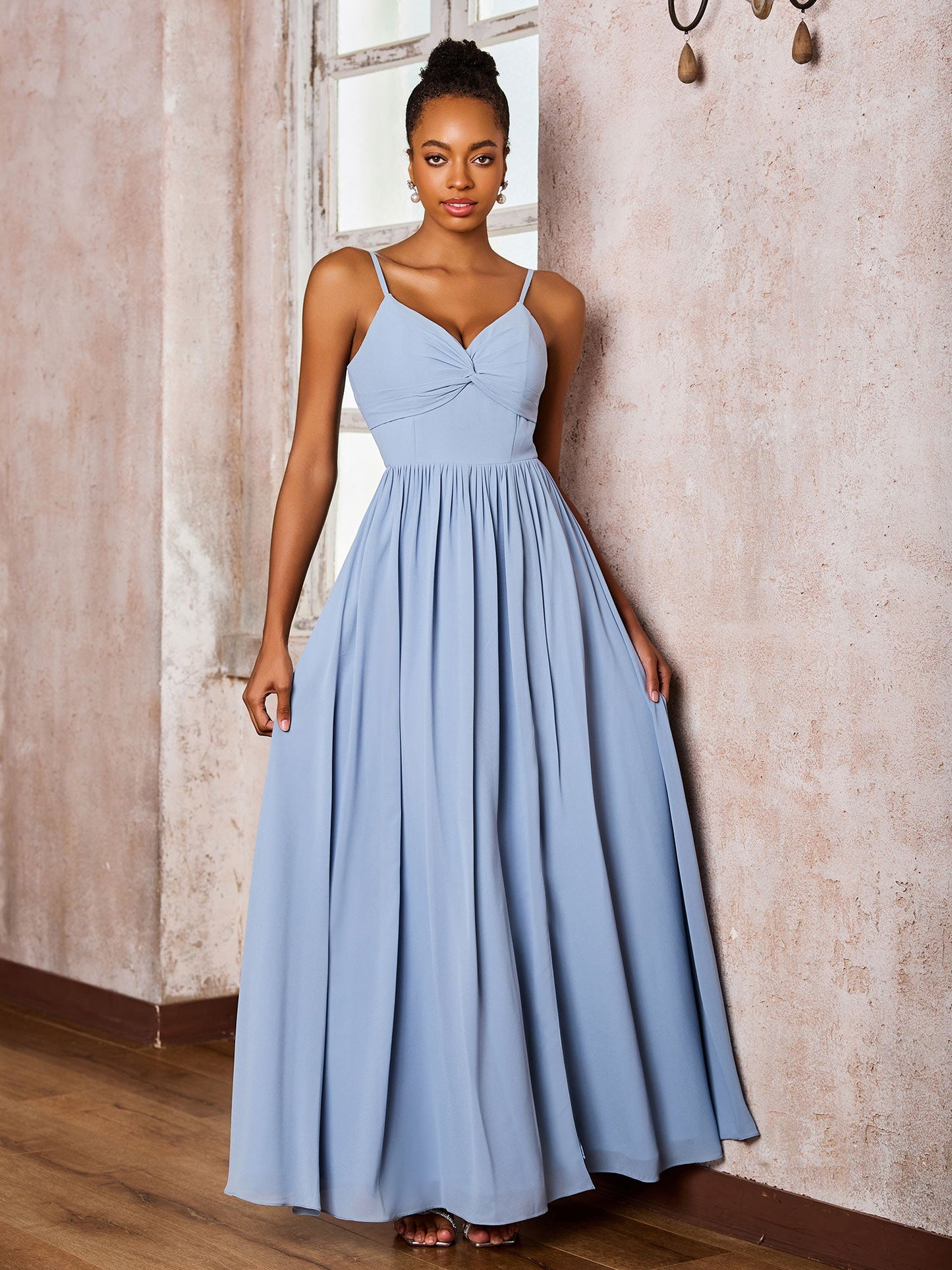 Criss-Cross Back Spaghetti Straps V-neck A-line Slit Dress Dusty Blue