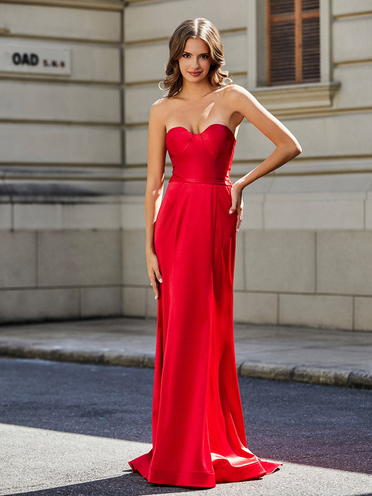 Strapless Lace Up Back Sheath Gown Red