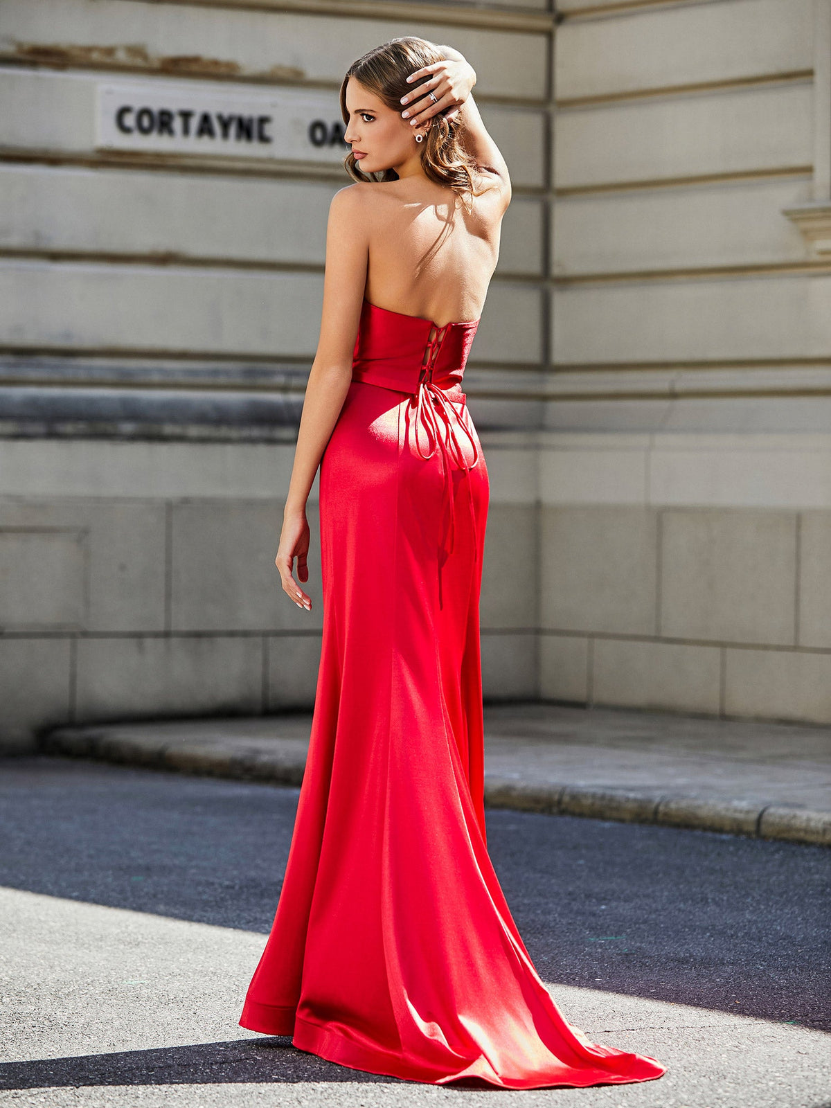 Strapless Lace Up Back Sheath Gown Red
