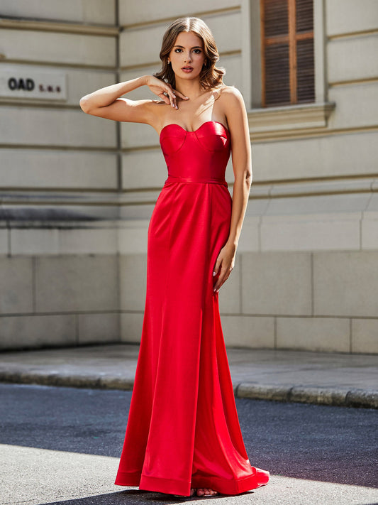 Strapless Lace Up Back Sheath Gown Red
