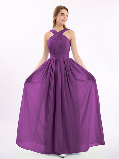 Cross Front Chiffon Long Dress with Bow Grape