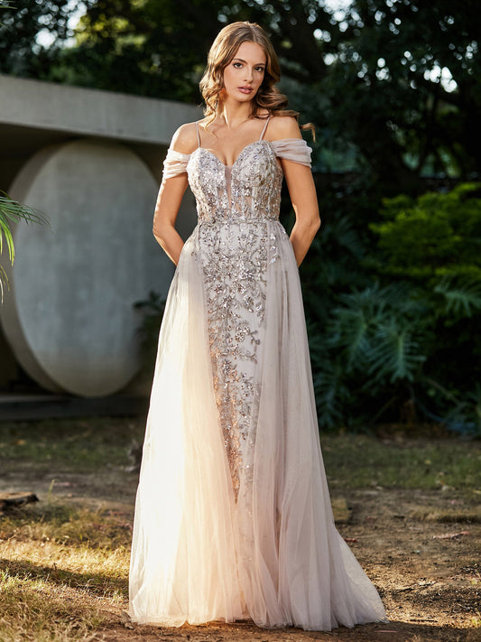 Lace Up Back Off Shoulder Tulle Gown Champagne