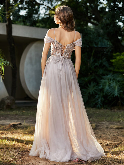 Lace Up Back Off Shoulder Tulle Gown Champagne