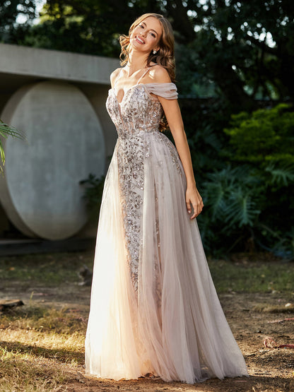 Lace Up Back Off Shoulder Tulle Gown Champagne